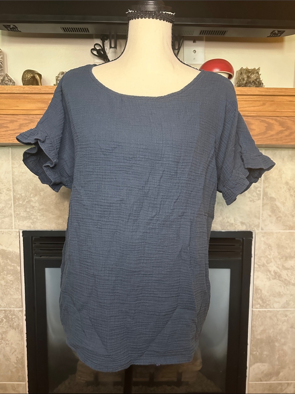 Women’s 100% Cotton Navy Blue Ruffle Sleeve Tee with Button Detail Back Size L